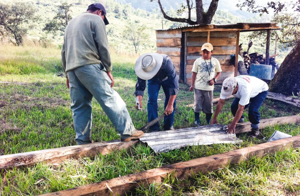 a group of men building a shack in their village